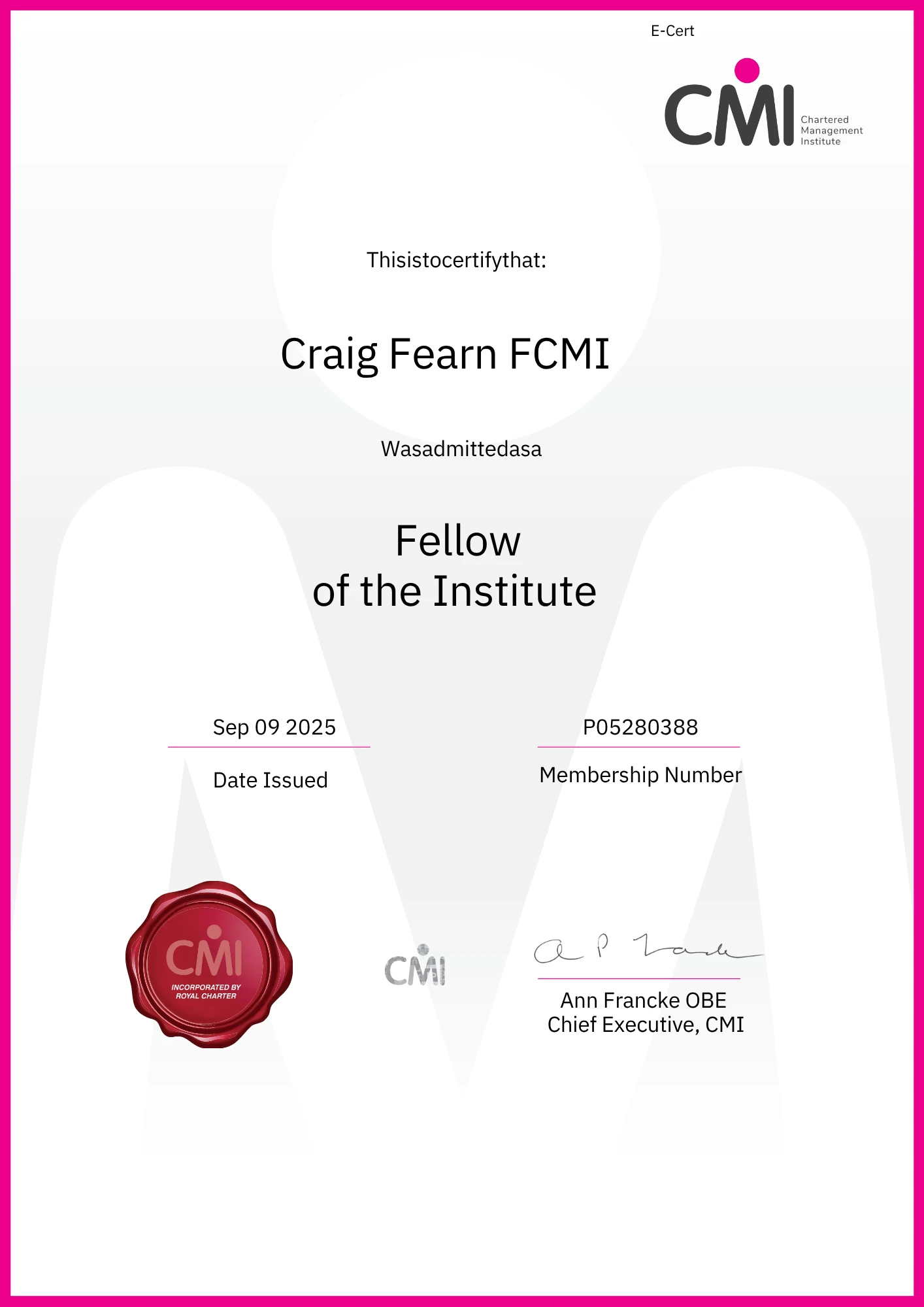 FCMI Fellow certificate - Chartered Management Institute Fellowship credential demonstrating advanced leadership expertise