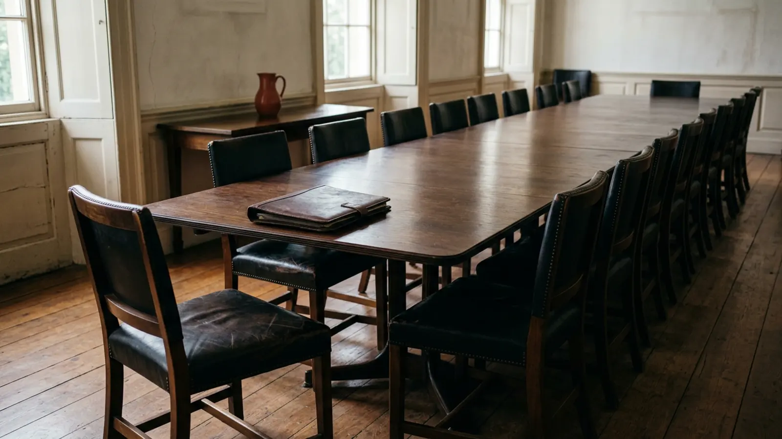 A long boardroom table seen from one end, two chairs at the near end pulled out at different angles and the rest tucked in.
