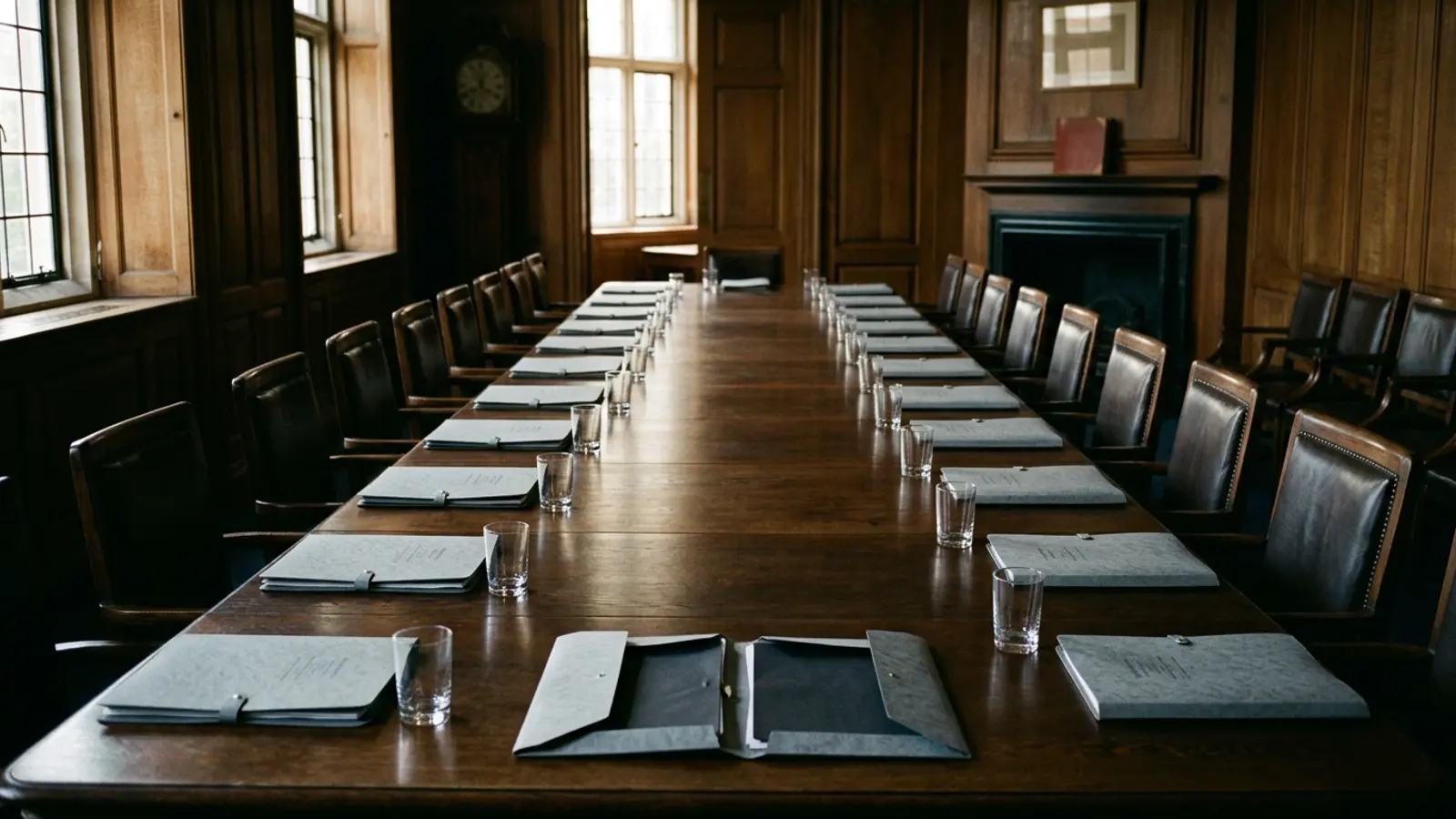 An empty panelled committee room in late afternoon light, an identical closed document wallet at every place and one lying open at the far end.