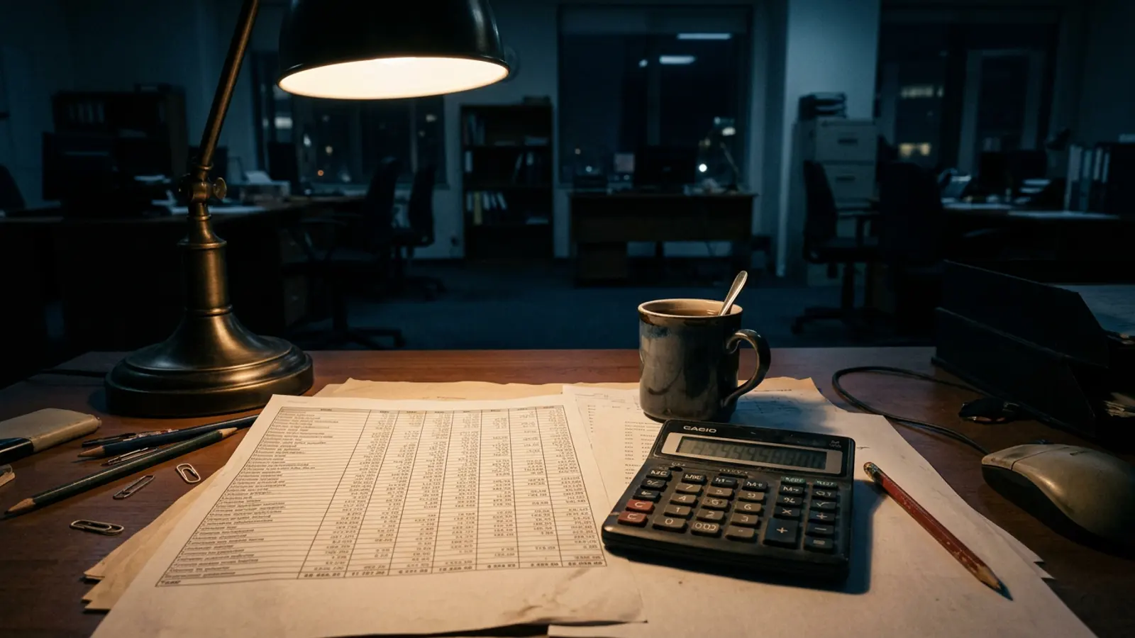 A desk in an empty finance office at night, a printed spreadsheet face up beside a calculator and a cold cup of tea under a single lamp.