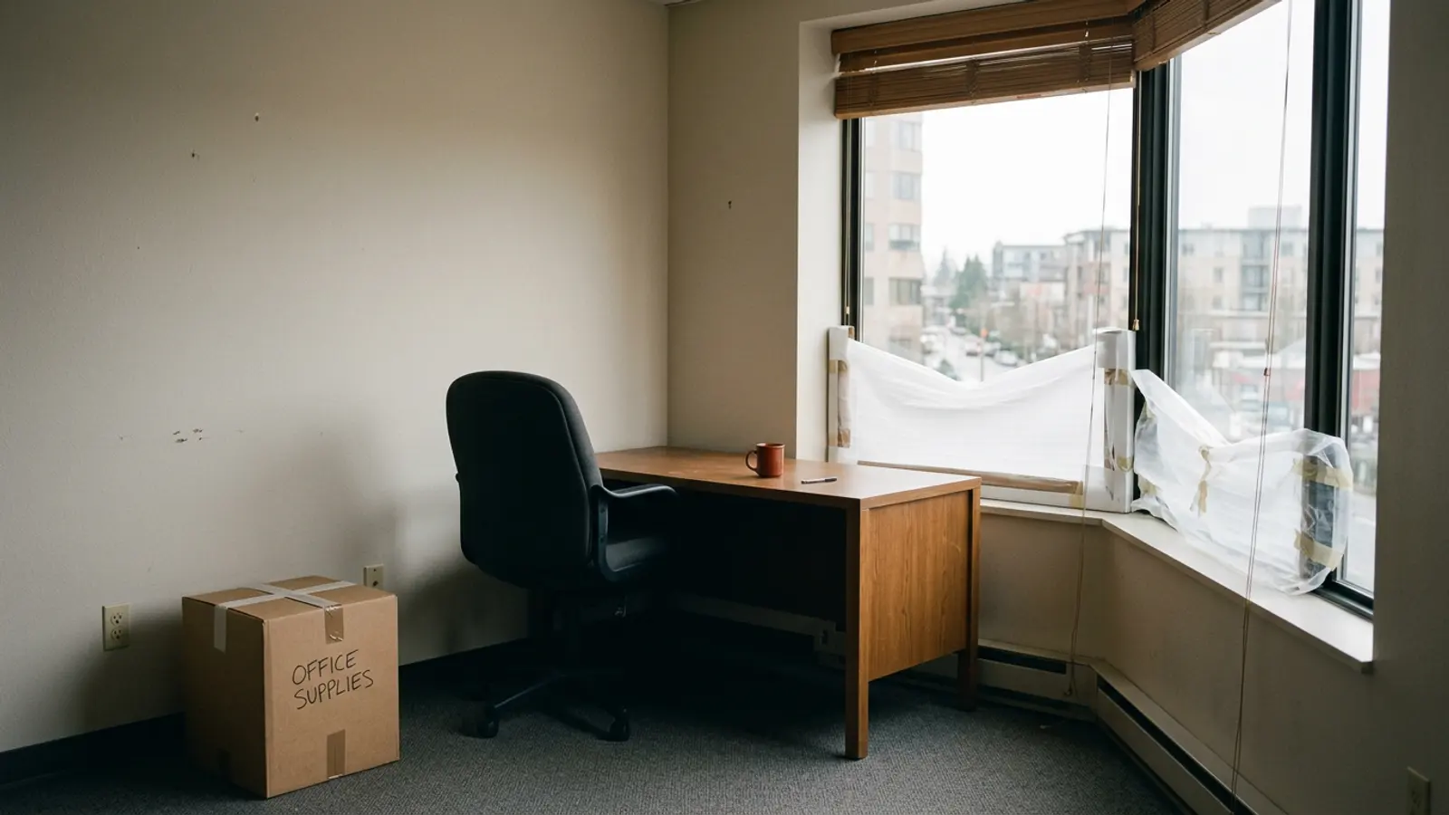 A newly occupied corner office, almost empty: a bare desk, one chair and an unopened box of belongings on the floor.