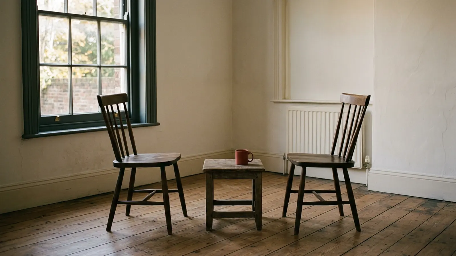 Two identical upright chairs facing each other across a low table in a plain room with a bare wooden floor and a tall sash window.