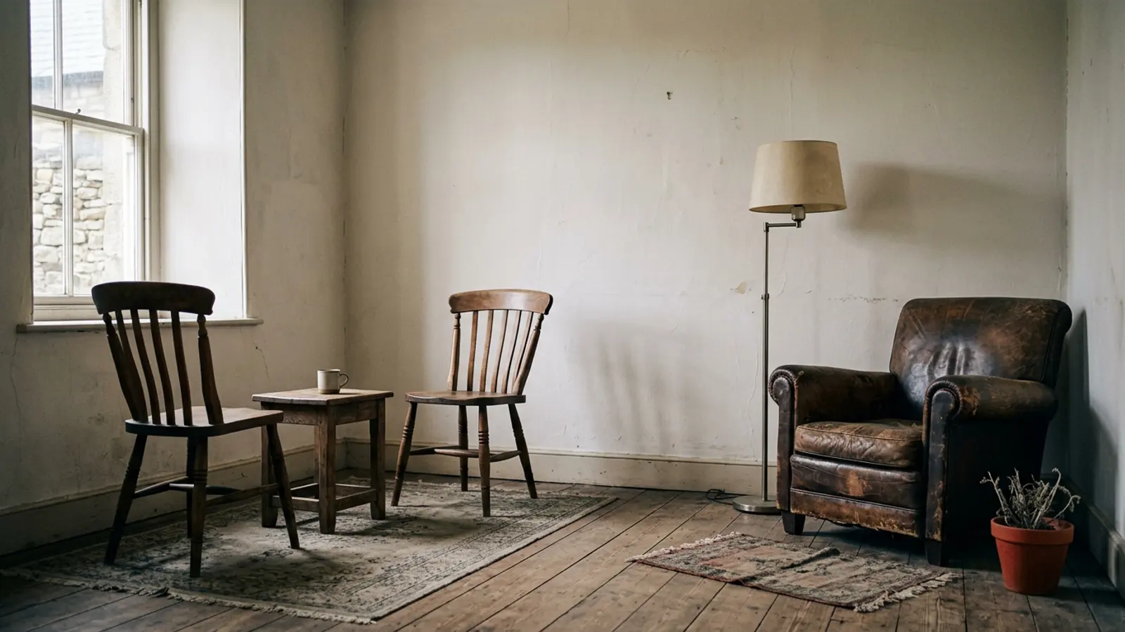 A plain room holding two seating arrangements: two matched upright chairs facing each other, and a worn leather armchair beside a floor lamp.