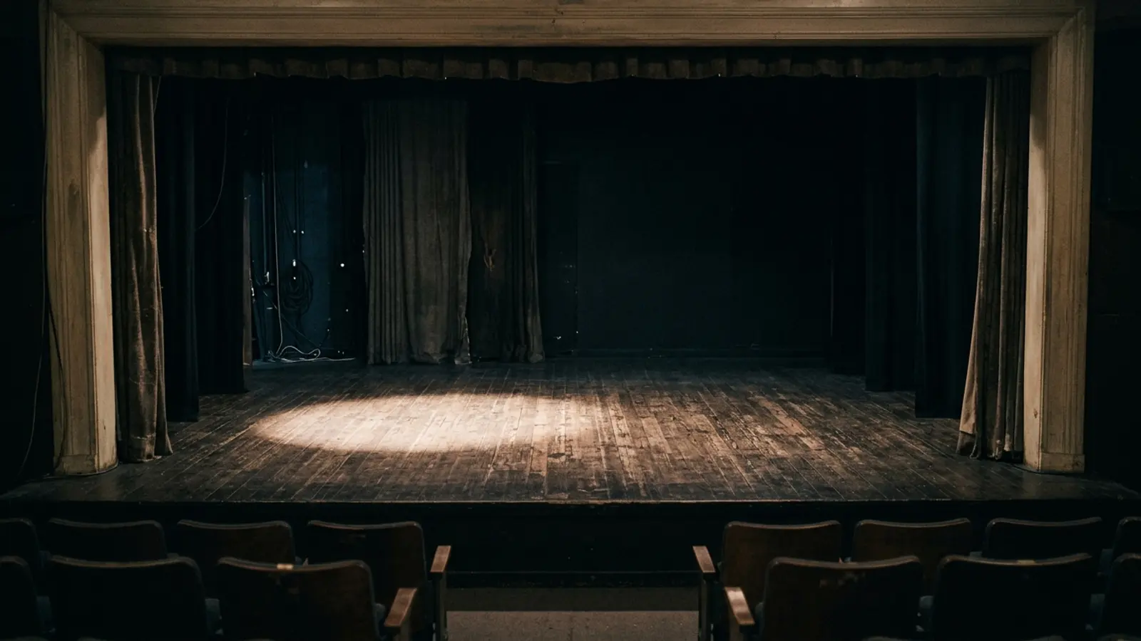 An empty stage in a small theatre seen from the front row, one spotlight falling on bare boards. No lectern, no chair, no microphone.