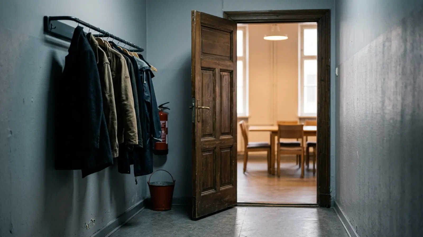 A cool grey corridor with coats on a rail, looking through a part-open door into a warmer lit meeting room beyond.