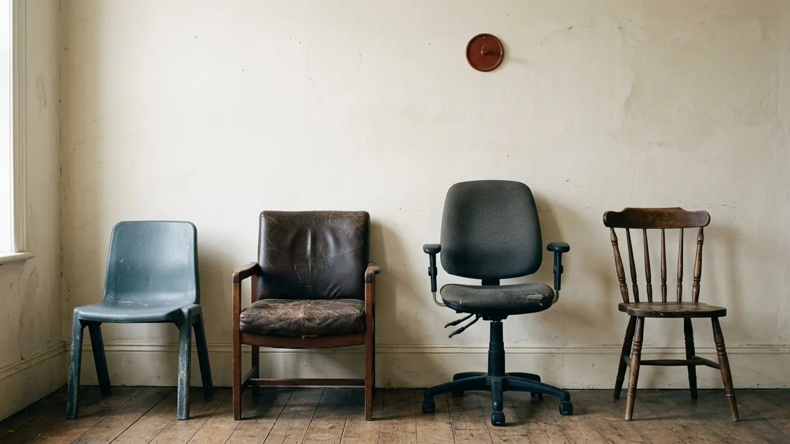 Four unmatched empty chairs in a row against a plain wall: a plastic stacking chair, a leather armchair, an office swivel chair and a wooden spindle-back.