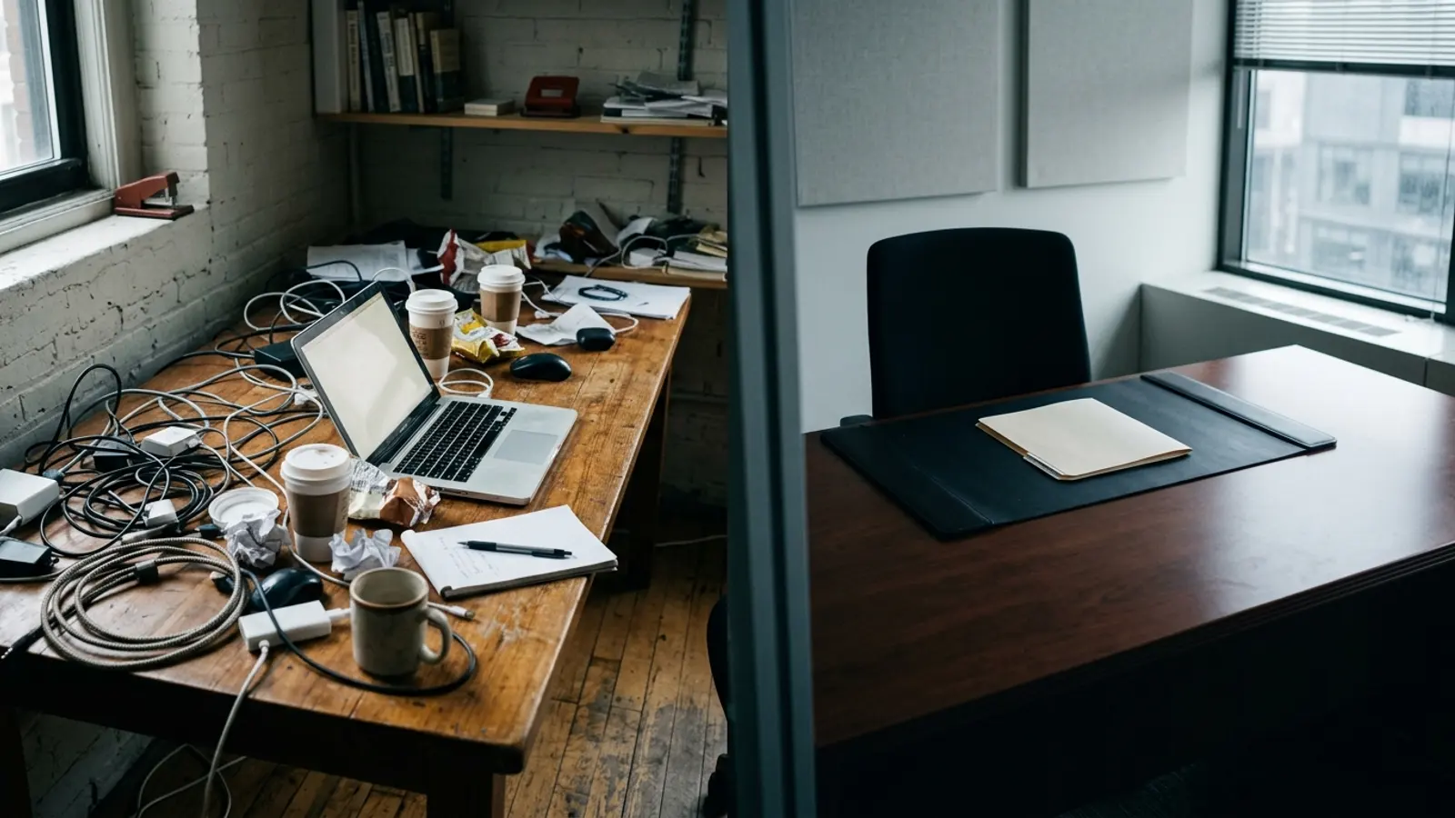 One frame split between a cluttered startup desk with cables and takeaway cups, and a bare corporate desk with a blotter and a single closed folder.