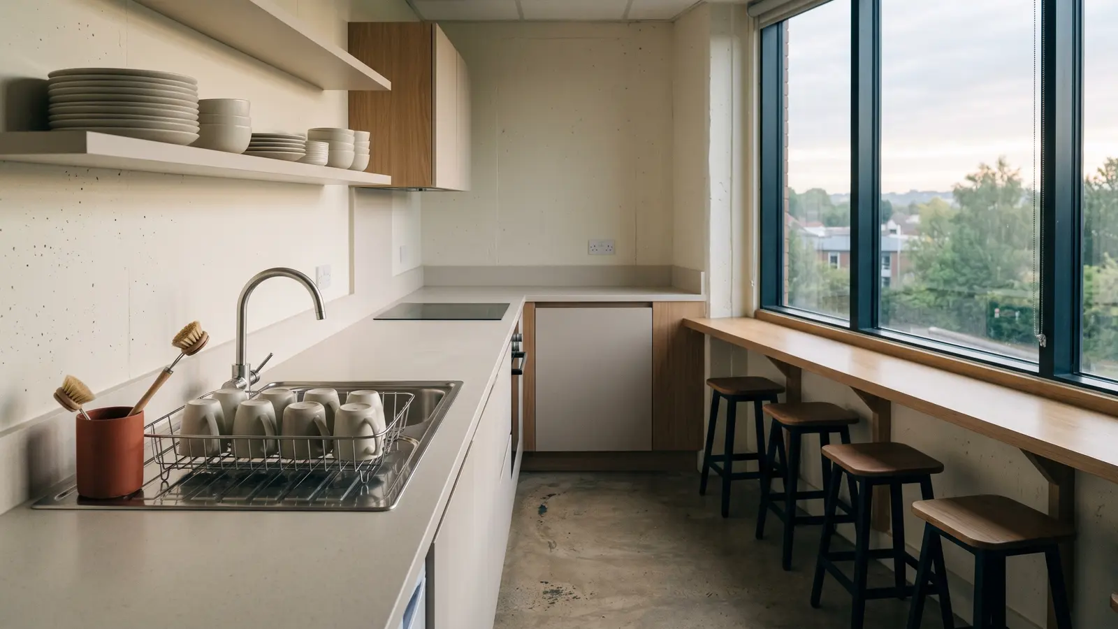 An empty office breakout room under fluorescent light: a blank noticeboard, a water cooler, stacked chairs and a fruit bowl with one banana past its best.