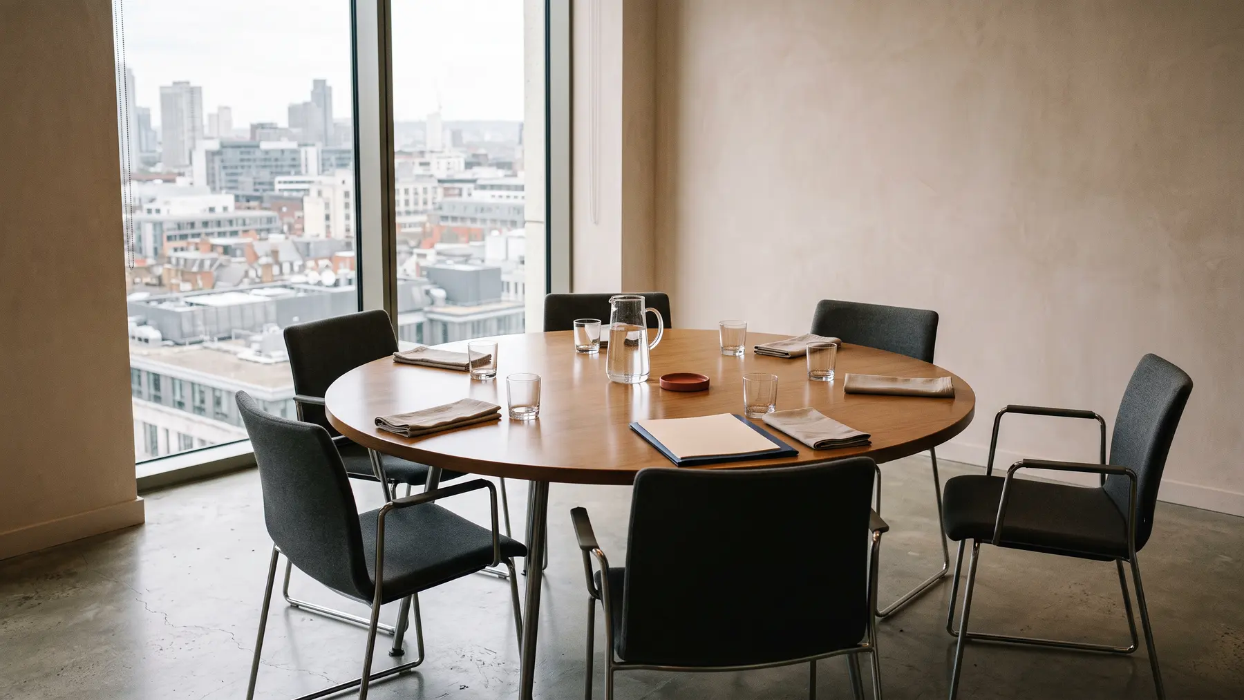 A committee room in daily use: a round table with six chairs, one pulled back, papers and glasses on the table, a grey city skyline through a tall window.