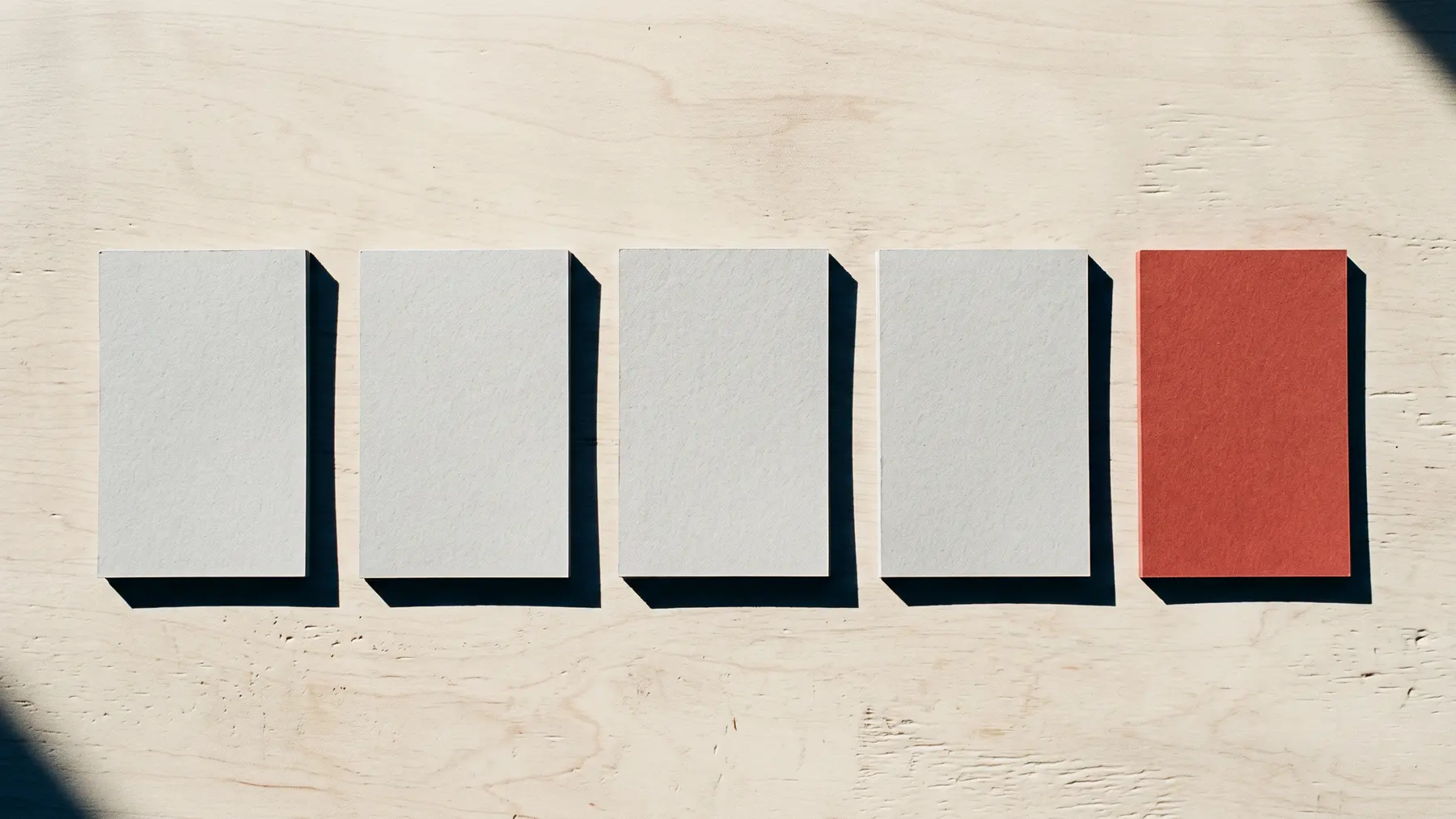 Five blank cards laid in a row on pale wood, four of them grey and the fifth oxide red, in raking side light.