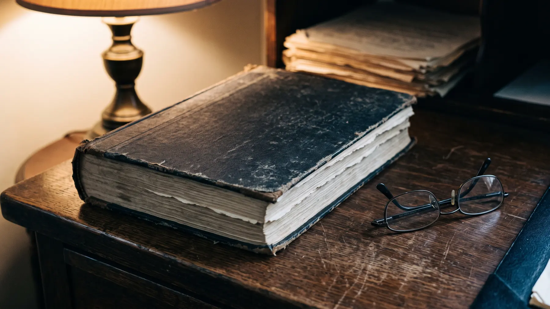 A heavy hardbound minute book lying closed on a desk beside a folded pair of reading glasses, lit warmly from one side.