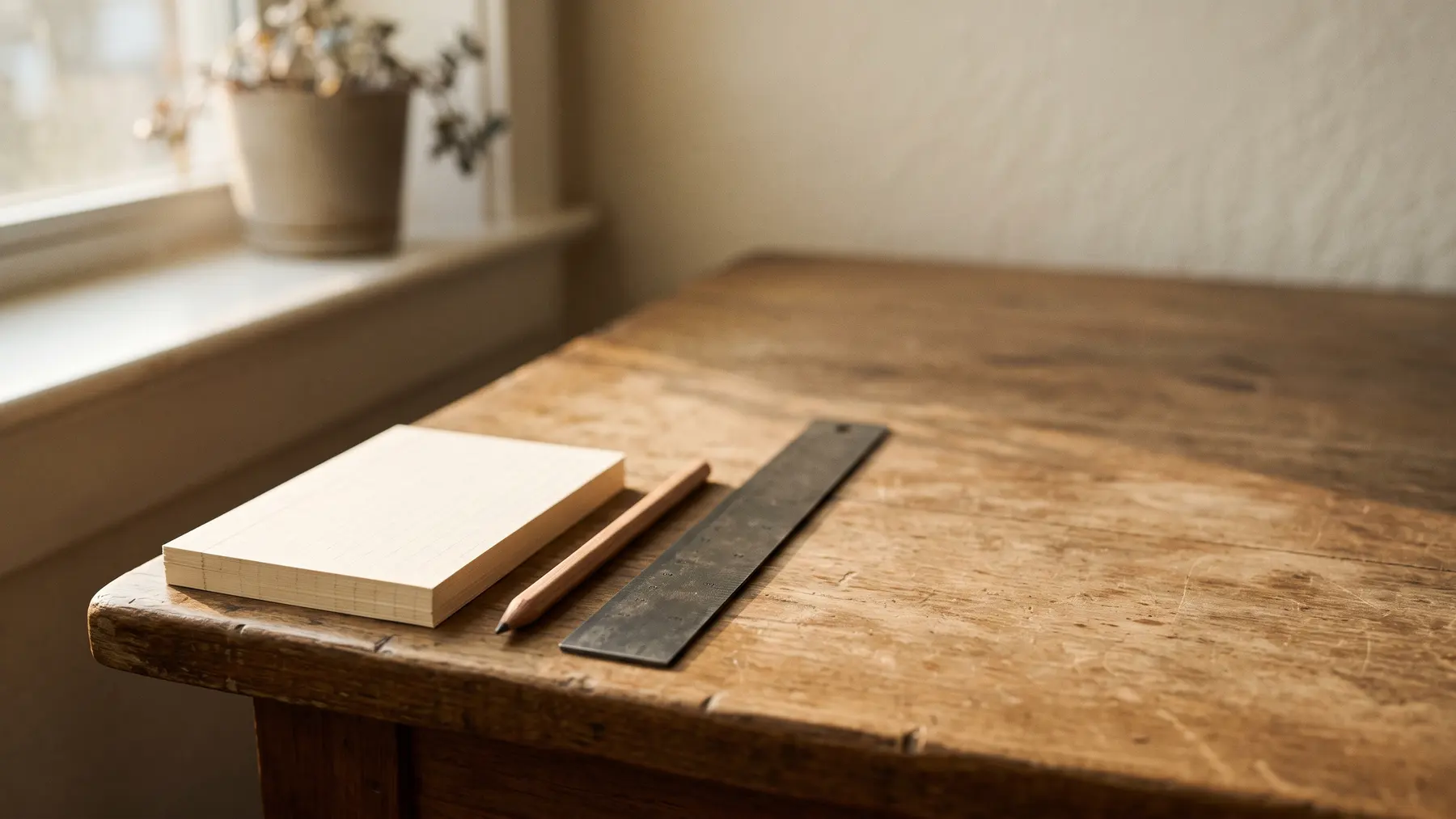 A plain desk in raking morning light with a ruler, a pencil and a squared-up stack of blank index cards.