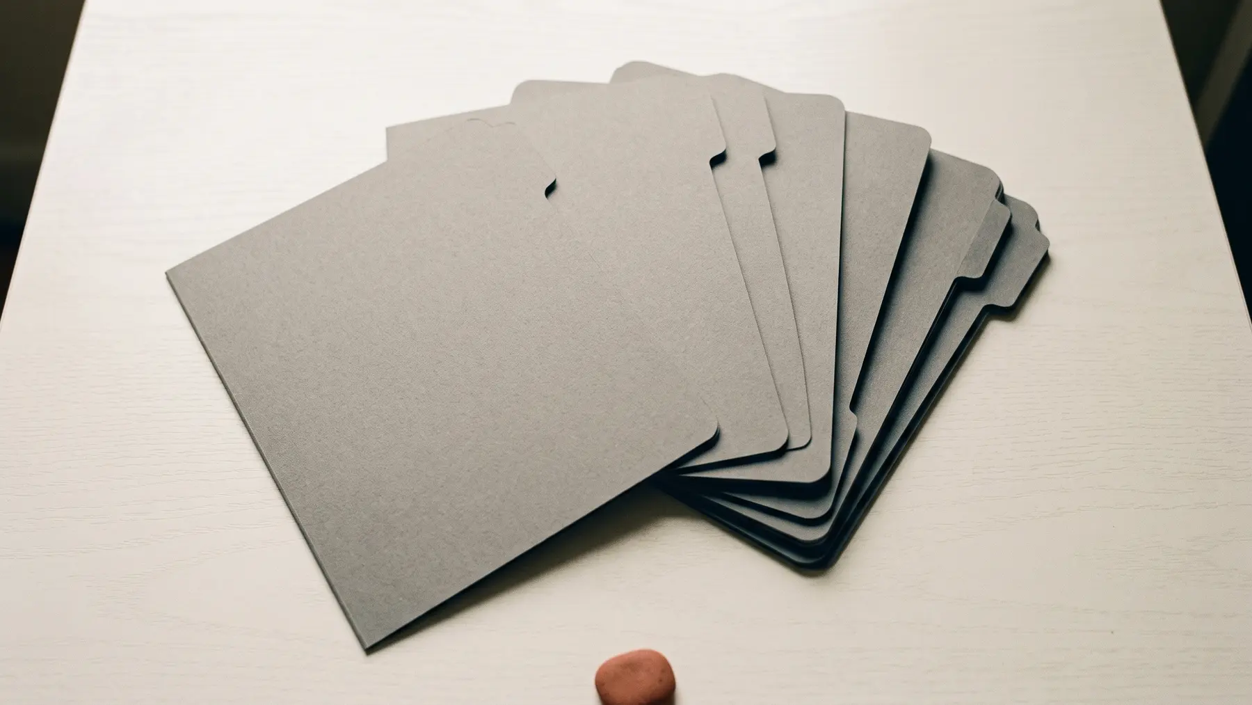 Six identical plain grey document dividers fanned slightly apart on a pale desk, one pulled further out than the rest.