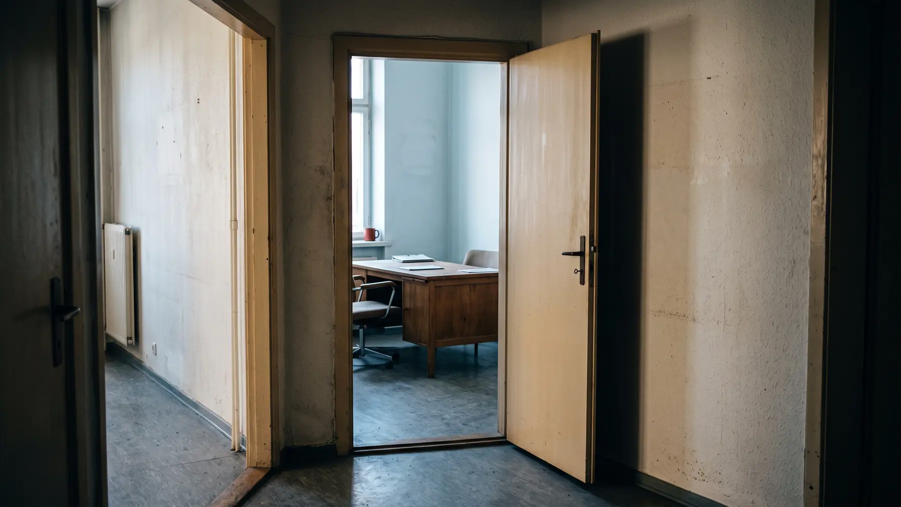 An office doorway with the door standing half open onto an empty room beyond, seen from the corridor in cool daylight.