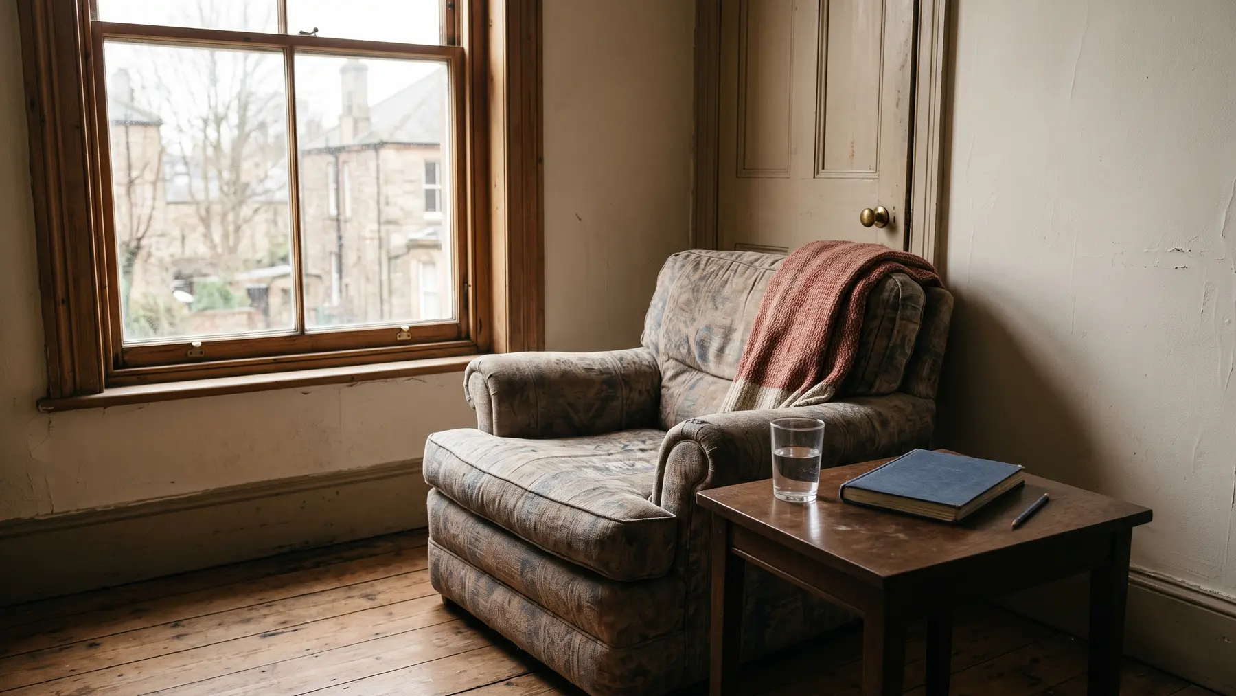 A small quiet room with one worn armchair beside a tall window, a low table holding a glass of water and a closed notebook, bare floorboards.