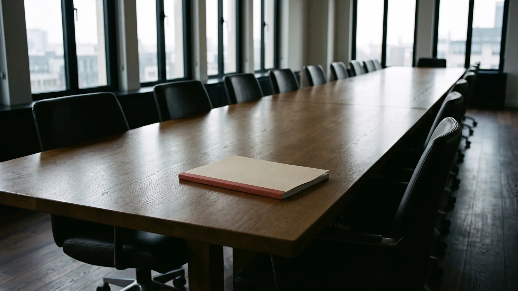 A single closed report lying alone on a long empty boardroom table in cold daylight, every chair tucked in.