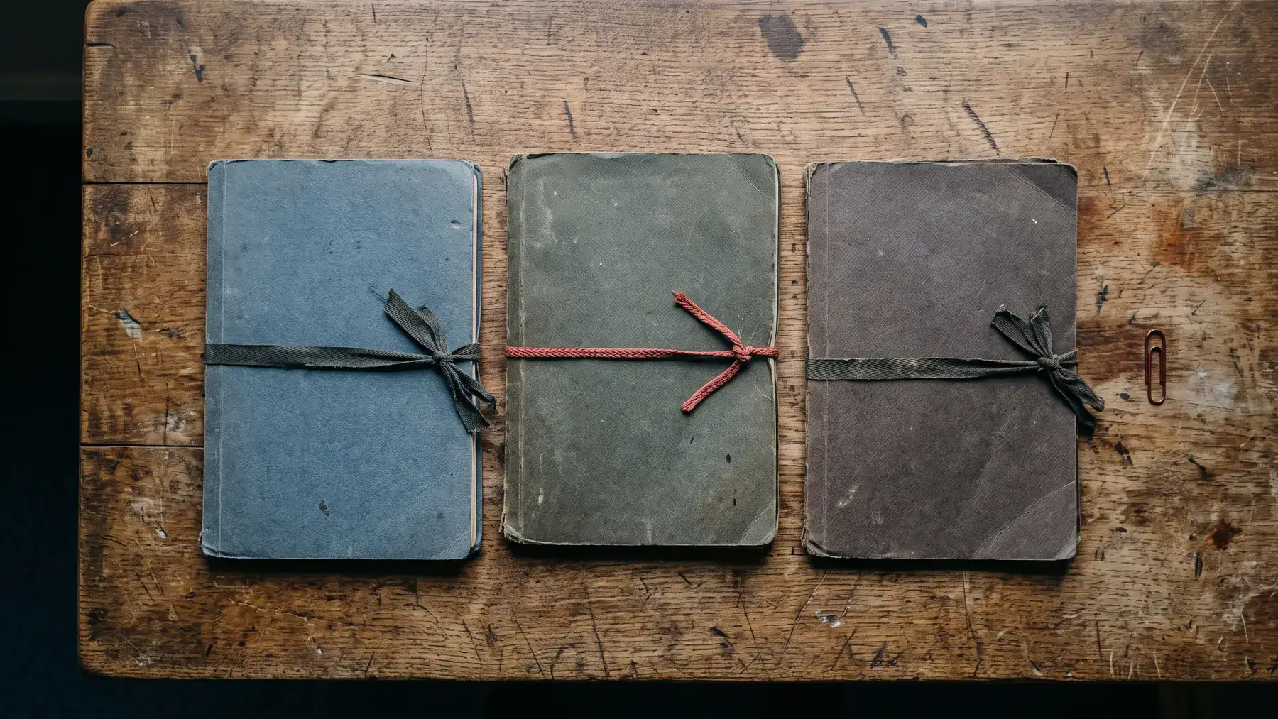 Three closed document wallets in different muted colours, tied with tape, laid side by side on a worn wooden desk and photographed from above.