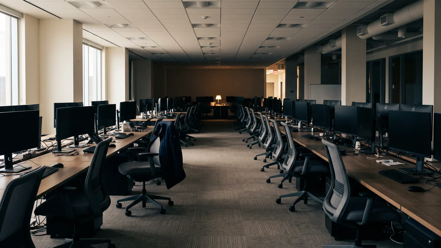 An empty open-plan office before anyone has arrived: desks with chairs pushed in at different angles, monitors dark, one lamp still on and a coat left over a chair.